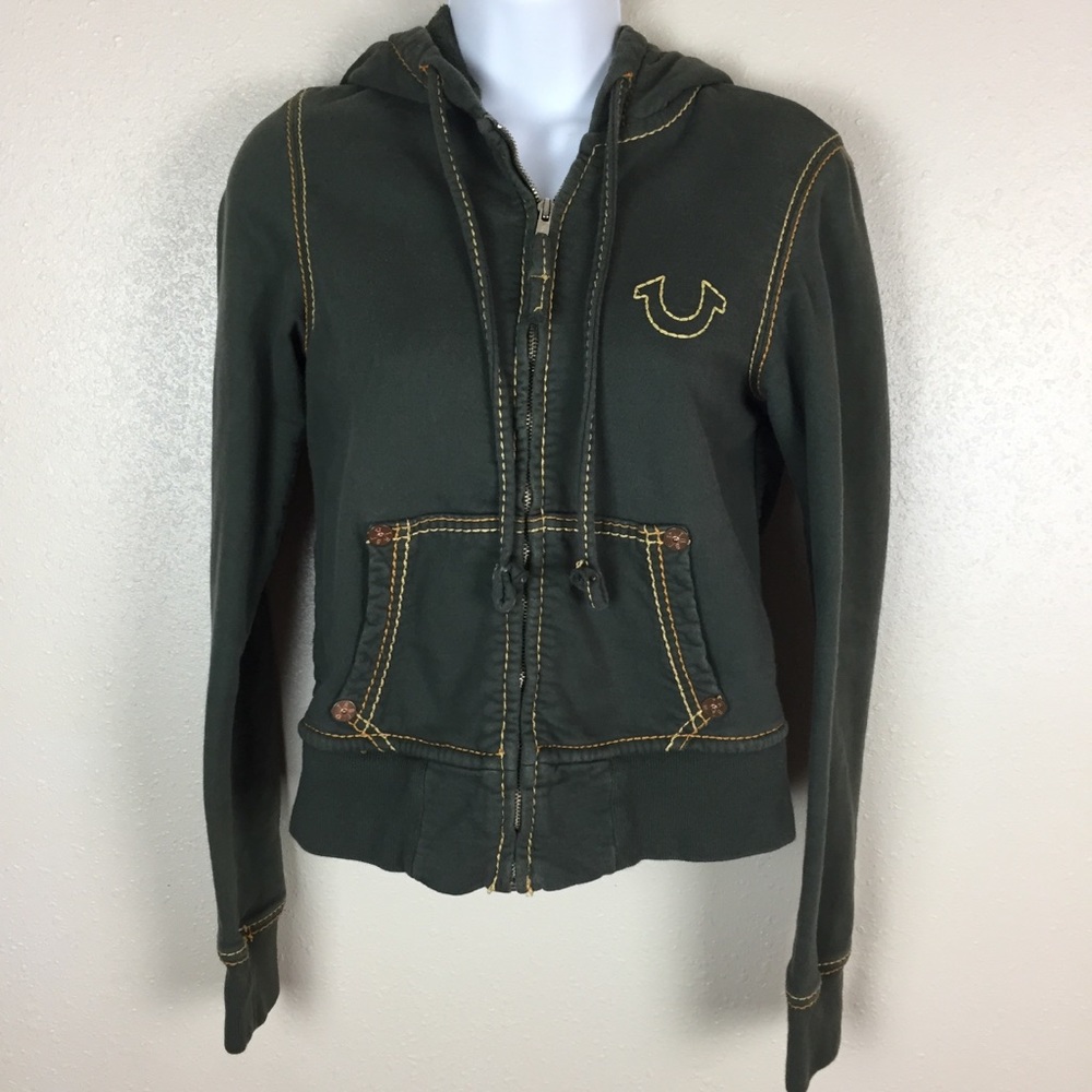 True Religion olive green zip hoodie size Med